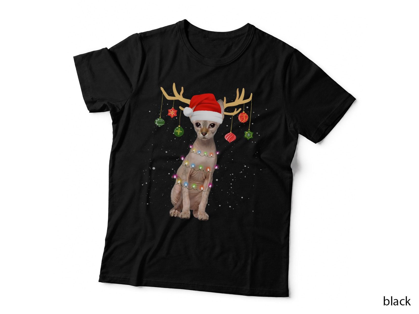 Reindeer Sphynx Cat Santa Hat Christmas Light Xmas Sphynx T-Shirt