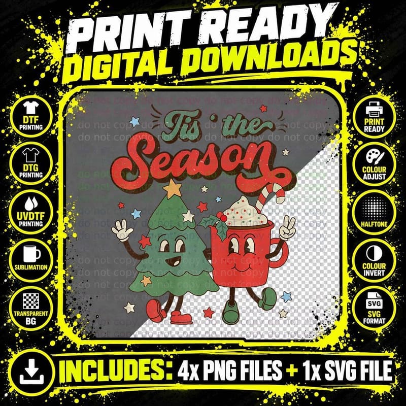 Retro Christmas Tis the Season Tree Coffee Latte Png SVG Digital Bundle