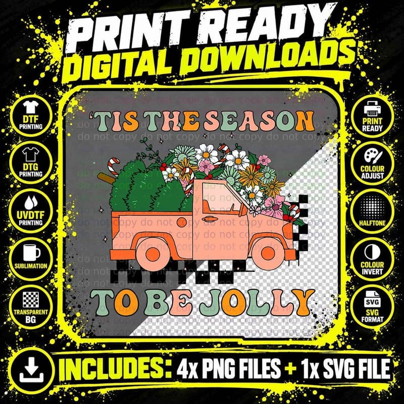 Retro Christmas Tis the Season to Be Jolly Groovy Png SVG Digital Bundle