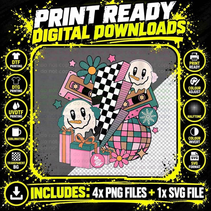 Retro Groovy Christmas Hippie Smile Lightning Disco Xmas Png SVG Digital Bundle