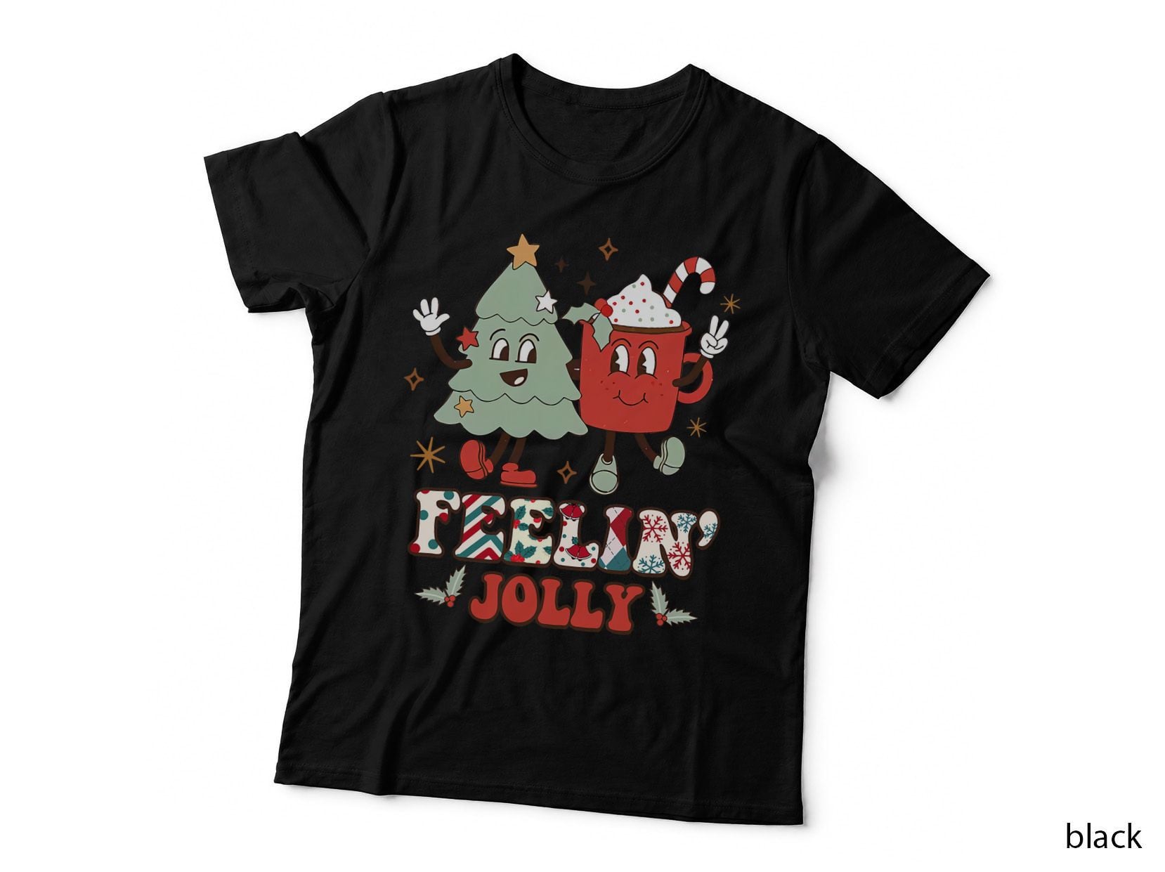Retro Groovy Feelin' Jolly Christmas Tree and Hot Cocoa Xmas T-Shirt