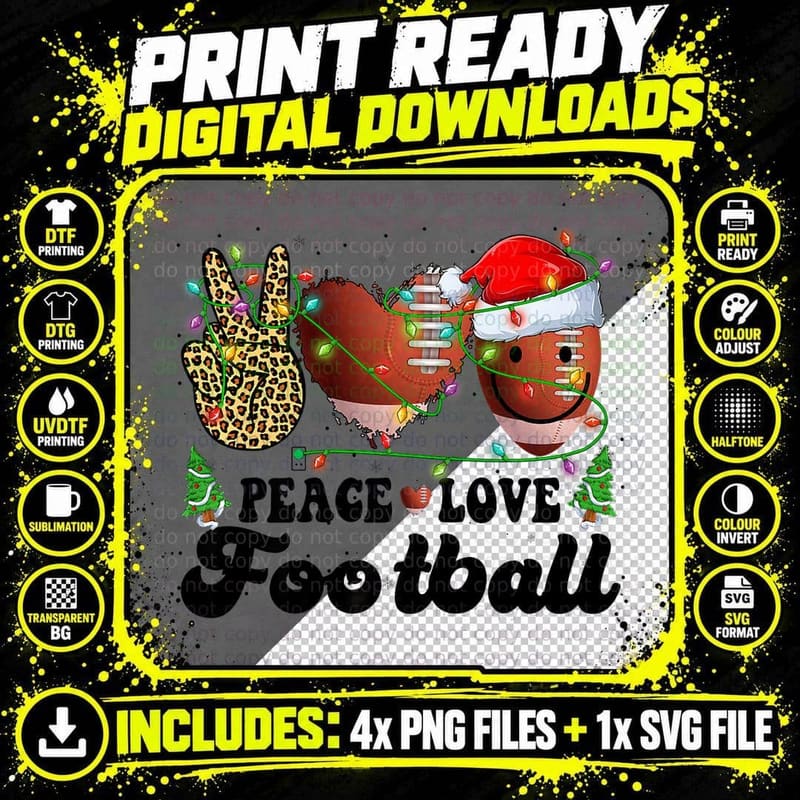 Retro Groovy Peace Love Football Christmas Lights Png SVG Digital Bundle