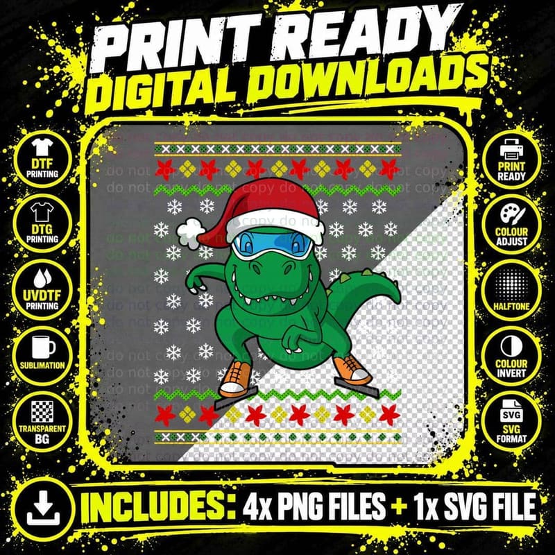 T-Rex Dino Ice Skating Ugly Christmas Essential T-Shirt Png SVG Digital Bundle