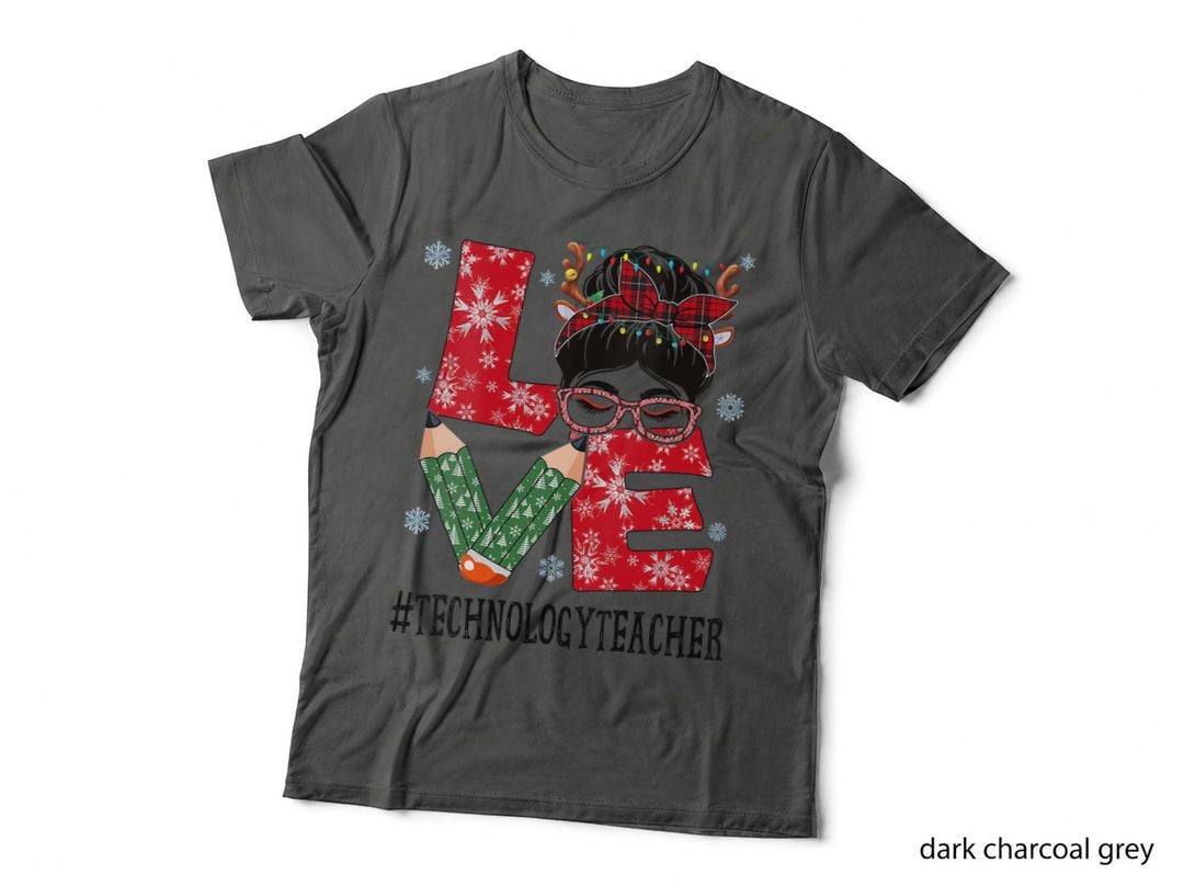 Technology Teacher Love Christmas Woman Messy Bun Reindeer, Holiday Gift T-Shirt