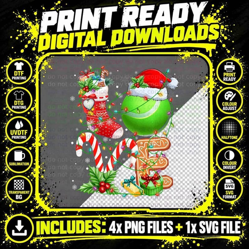 Tennis Ball Christmas Santa Love Lights Xmas Boys Girls Png SVG Digital Bundle