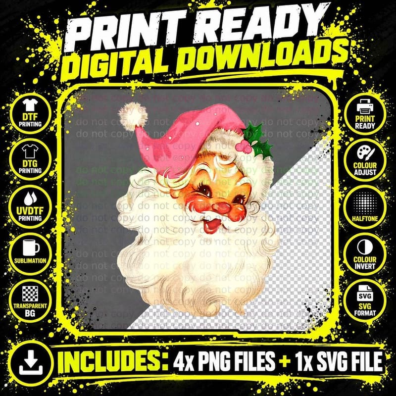 Vintage Pink Santa Claus Christmas Pajamas Xmas T-Shirt Png SVG Digital Bundle