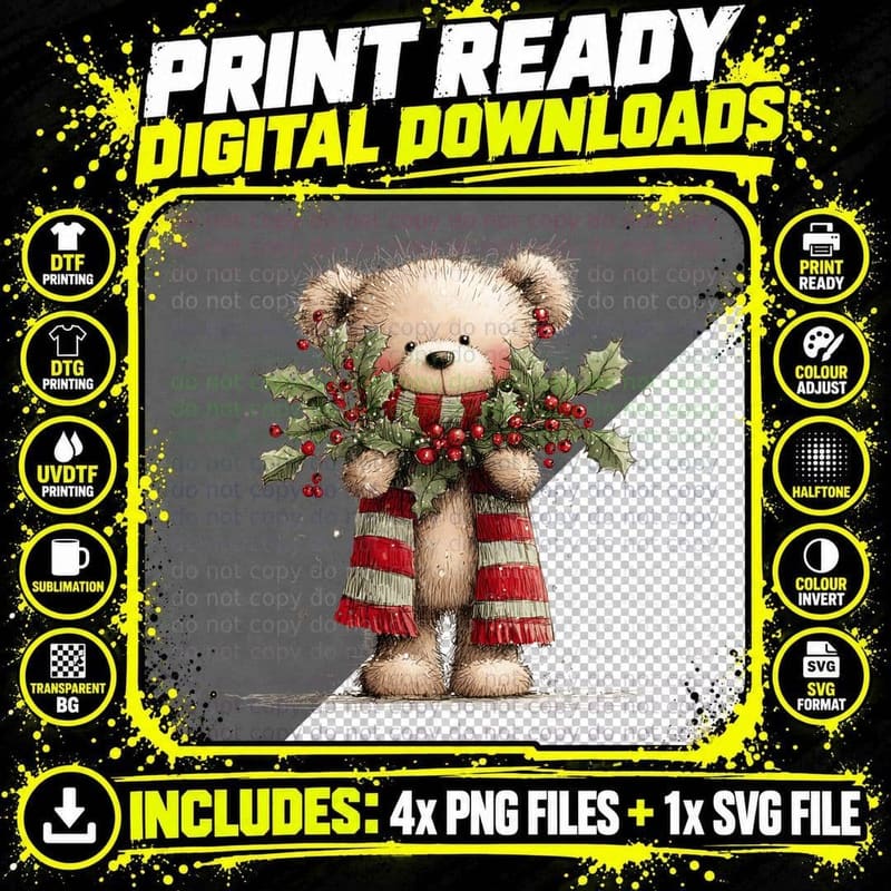 Adorable Christmas Bear with Berries and Snow Cozy Png SVG Digital Bundle