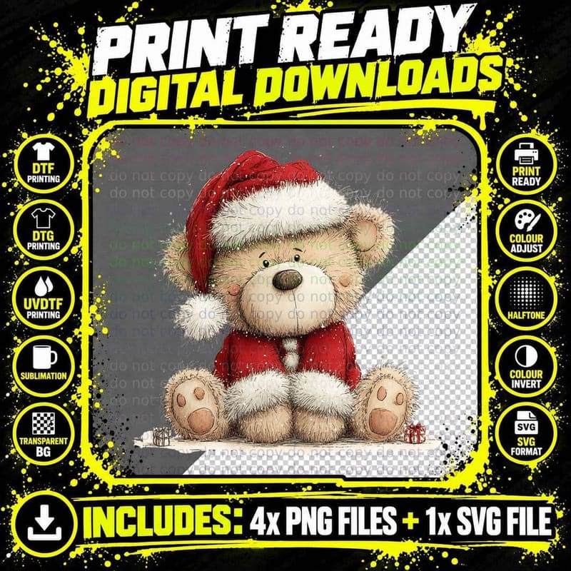 Adorable Christmas Teddy Bear in Santa Suit Cute Holiday Png SVG Digital Bundle