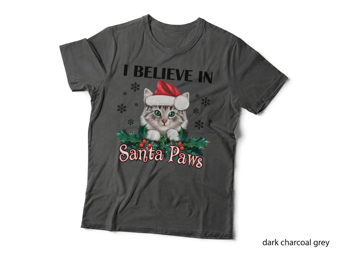 Adorable Santa Paws Cat Christmas Santa Hat Holly Winter Gift T-Shirt