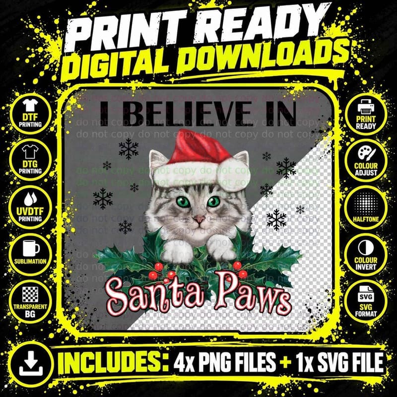 Adorable Santa Paws Cat Christmas Santa Hat Holly Winter Png SVG Digital Bundle