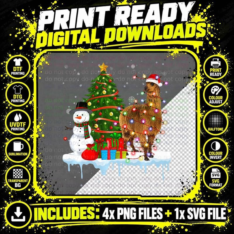 Alpaca Costume Santa Lights Hat Snowman Christmas Tree Png SVG Digital Bundle