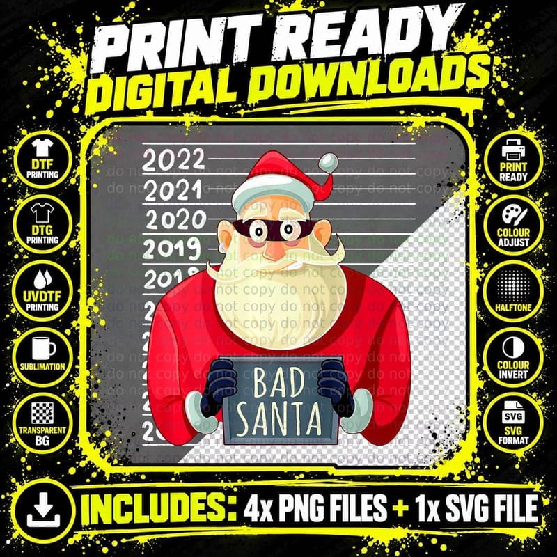 Bad Santa Shirt Wanted Santa Claus Costume Funny Png SVG Digital Bundle