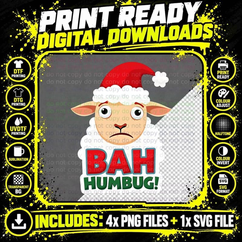 Bah Humbug! Frowning Sheep in Santa Hat Png SVG Digital Bundle