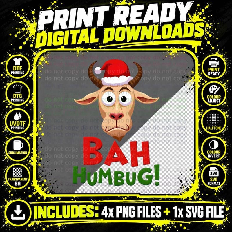 Bah Humbug!! Frowning Goat in Santa Hat Png SVG Digital Bundle