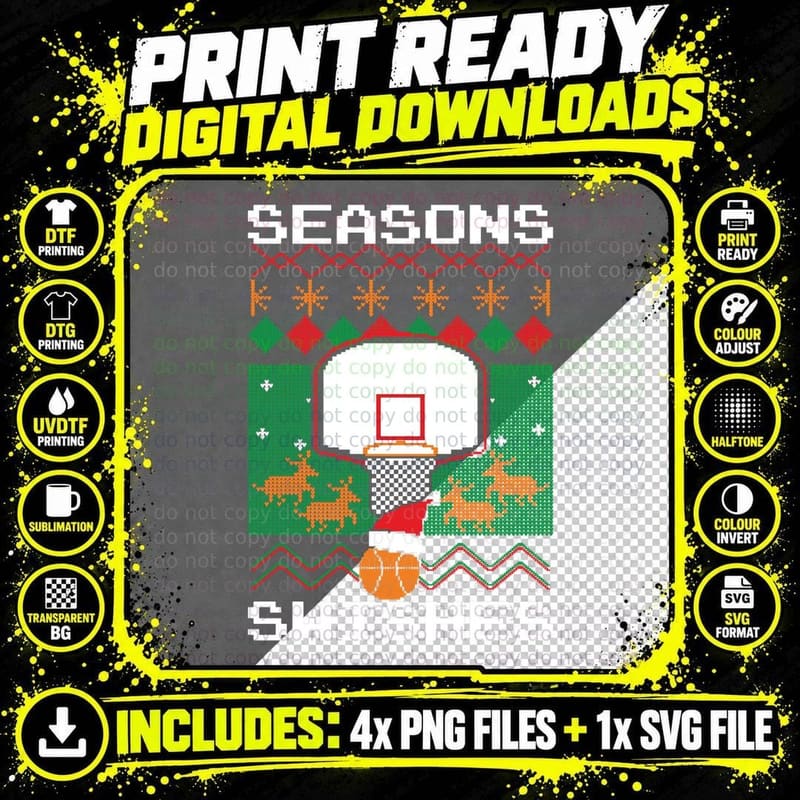Basketball Player Ugly Christmas Sweater Seasons Swishes Png SVG Digital Bundle