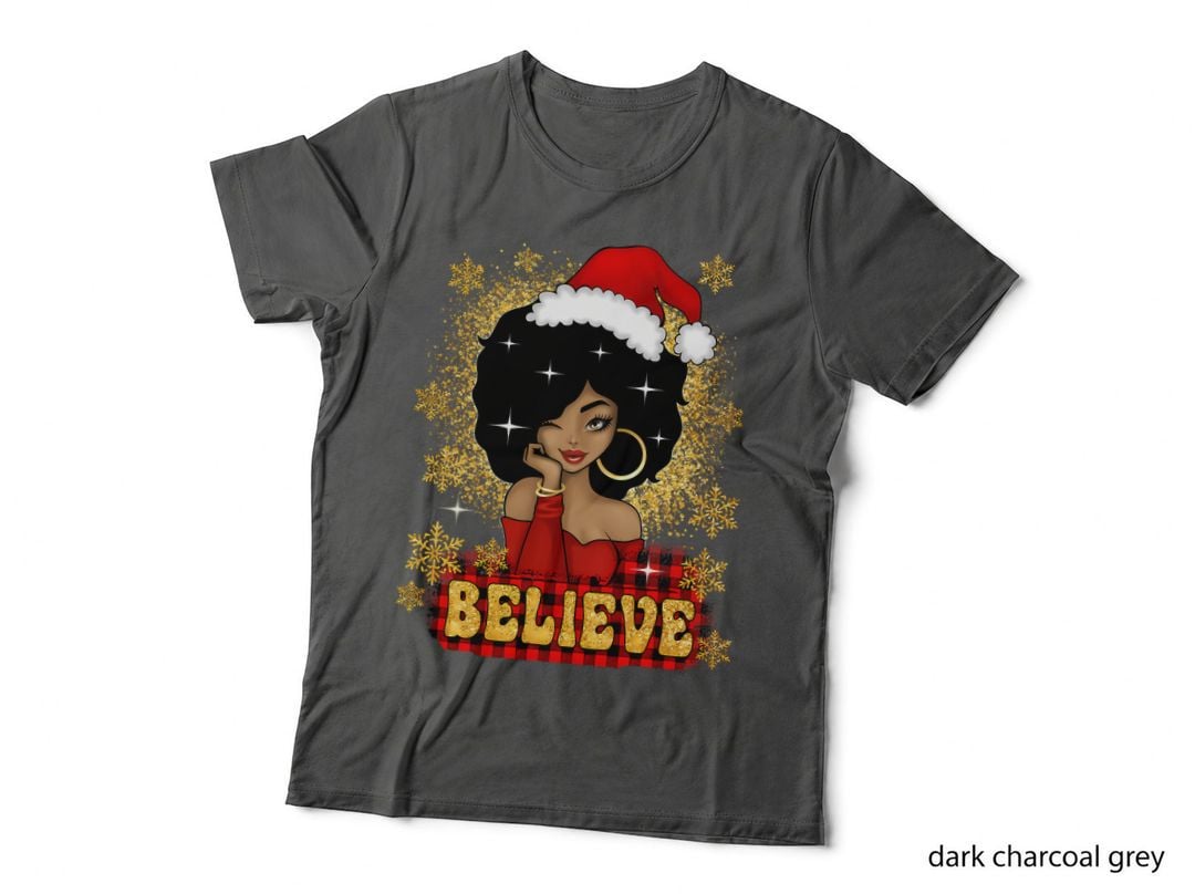 Believe Black Girl Magic Christmas Gold Santa Holiday Festive T-Shirt