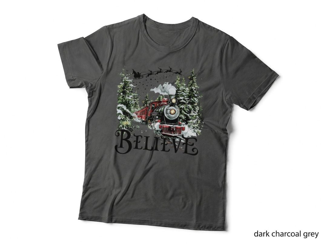 Believe Christmas Train Engine Santa's Sleigh Winter Scene Holiday T-Shirt
