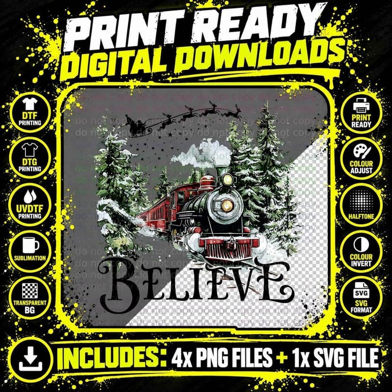 Believe Christmas Train Engine Santa's Sleigh Winter Png SVG Digital Bundle