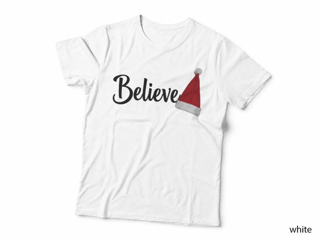 Believe Festive Christmas Santa Hat Simple Holiday Cursive Typography T-Shirt