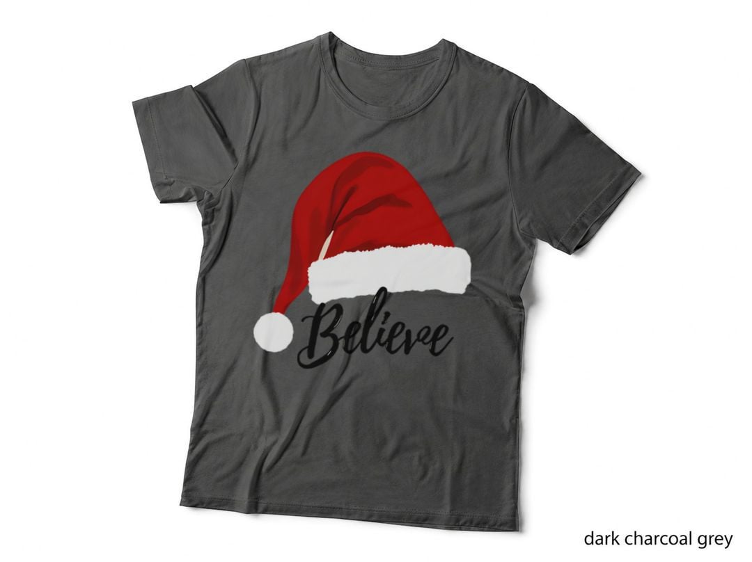 Believe Santa Hat Christmas Festive Simple Holiday Cursive Typography T-Shirt