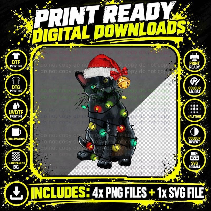 Black Cat Christmas Lights Santa Hat Jingle Bell Cute Png SVG Digital Bundle