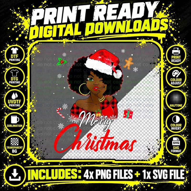 Black Girl Magic Merry Christmas Afro Santa Hat Holiday Png SVG Digital Bundle