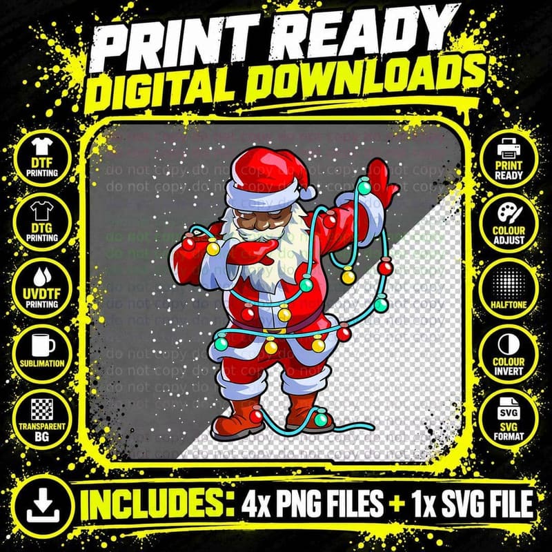 Black Santa Claus Dab Pose Tangled in Christmas Lights Png SVG Digital Bundle