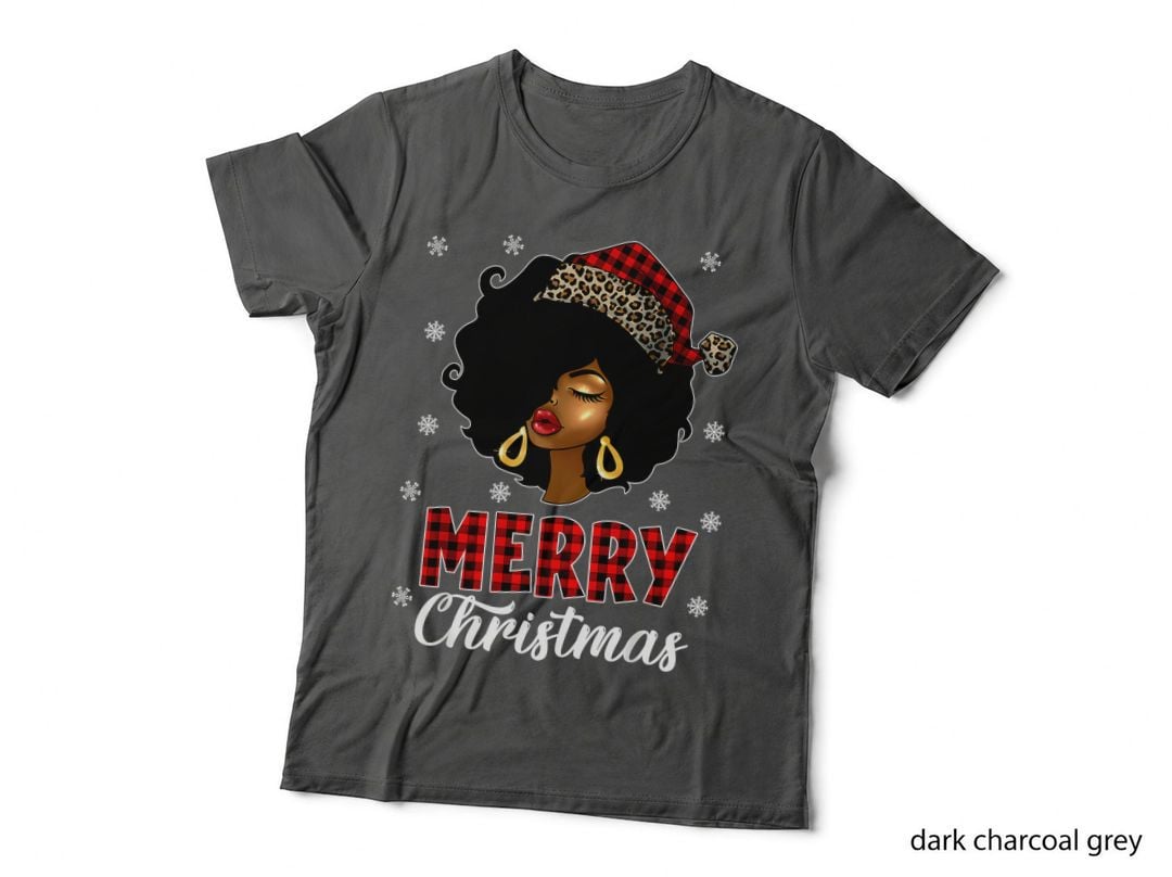 Black Santa Woman Afro Merry Christmas Leopard Plaid Holiday Gift T-Shirt