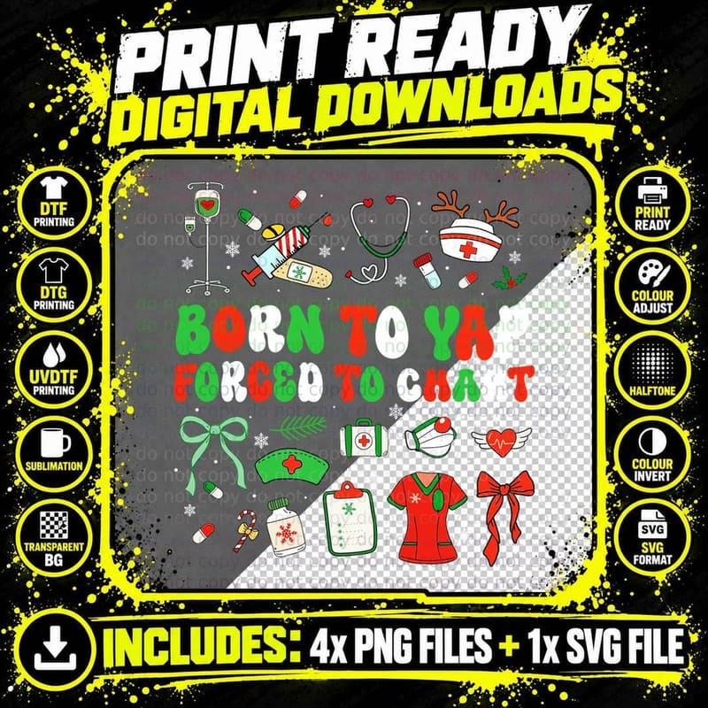 Born to Yap Forced to Chart Funny Christmas ER Nurse Png SVG Digital Bundle