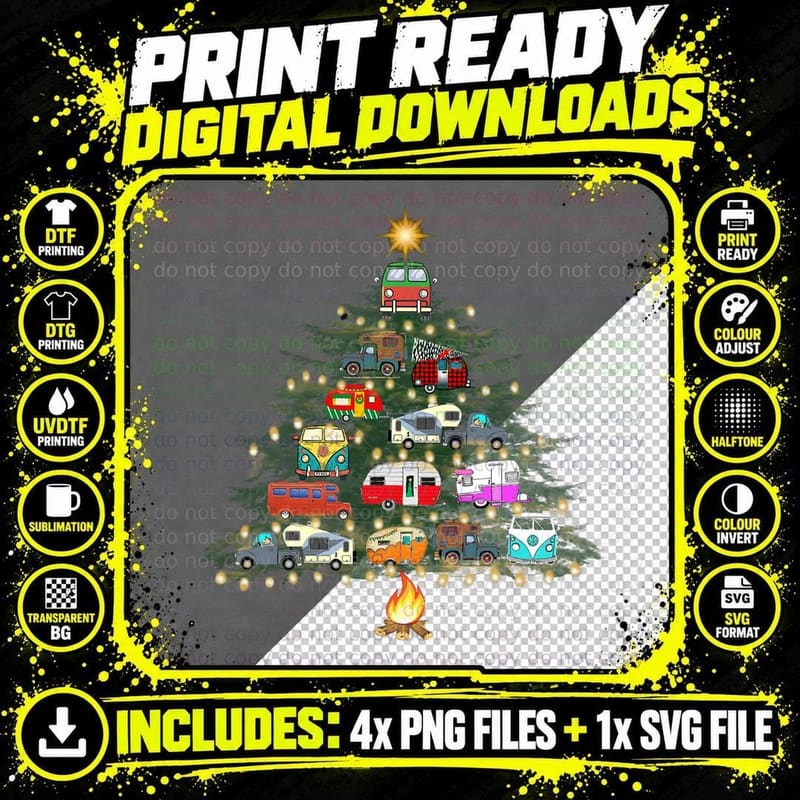 Camper Christmas Tree Vehicles Camping Rving Trailers Png SVG Digital Bundle