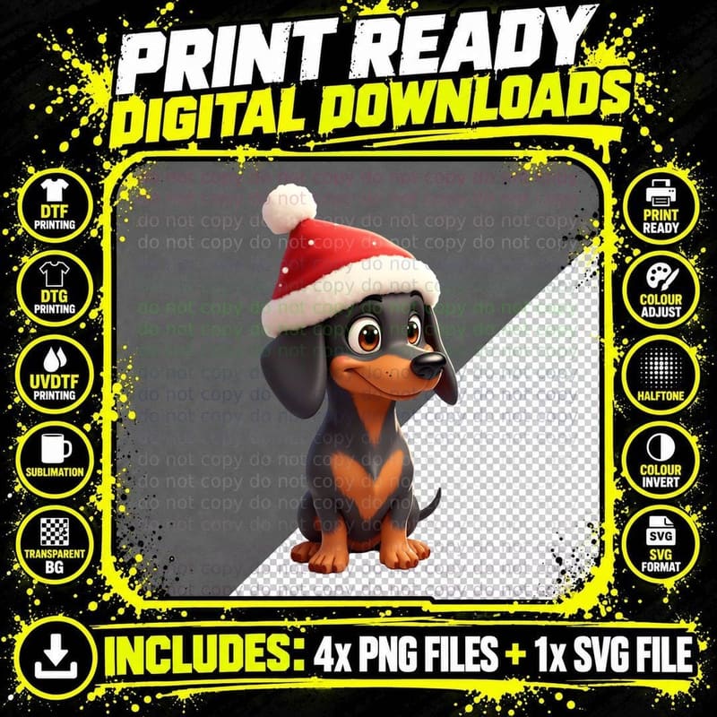 Cartoon Dachshund Puppy Santa Hat Christmas Holiday Png SVG Digital Bundle
