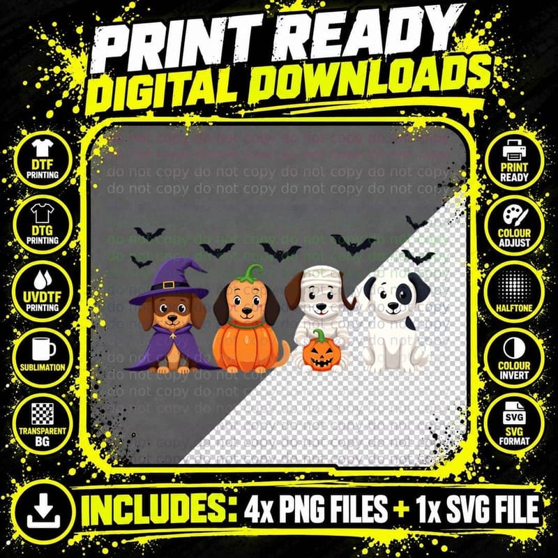 Cartoon Dogs Festive Halloween Witch Mummy Png SVG Digital Bundle