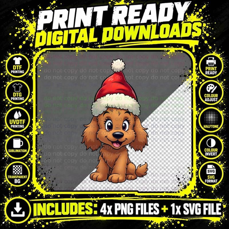 Cartoon Puppy Red Santa Hat Dog Christmas Merry Xmas Png SVG Digital Bundle
