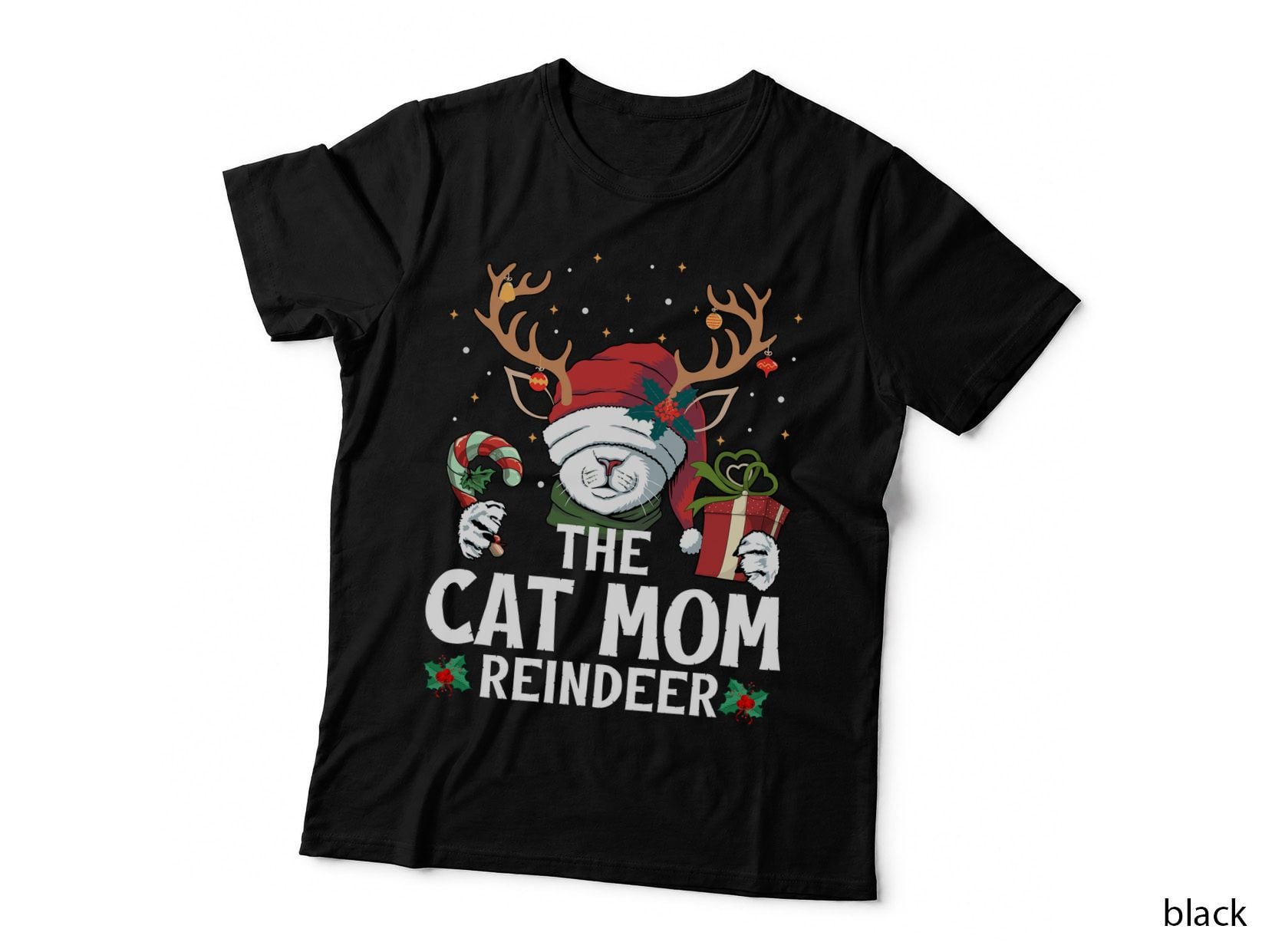 Cat Mom Reindeer Christmas Santa Hat Candy Cane Funny Holiday T-Shirt