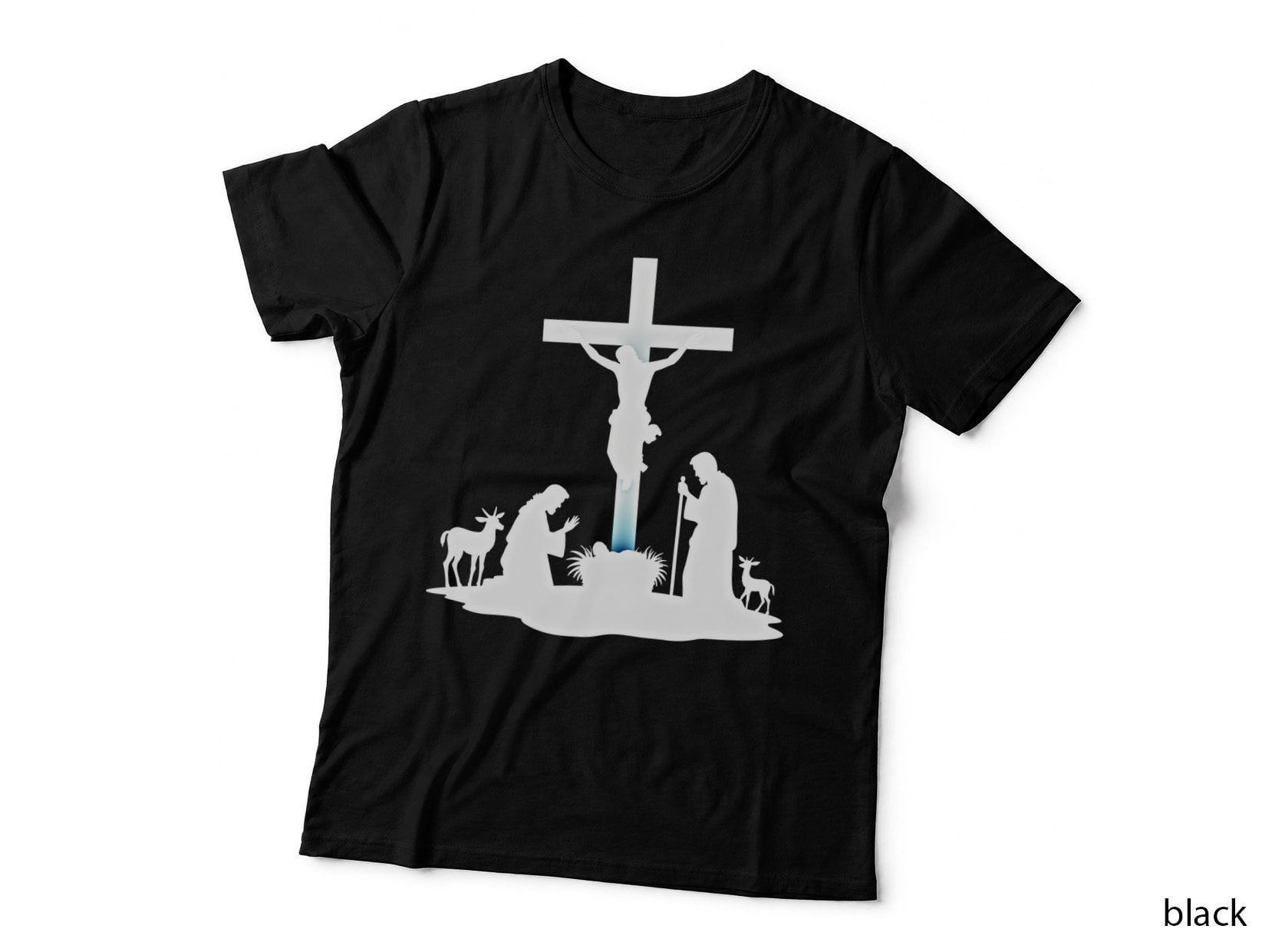 Christian Nativity Scene with Manger and Cross Religious Art T-Shirt