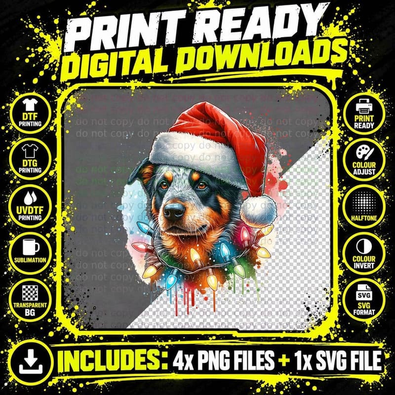 Christmas Australian Cattle Dog, Soft Colors Png SVG Digital Bundle