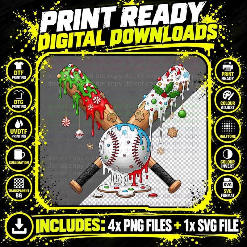 Christmas Baseball Bats Candy Cane Drip Holiday Cookie Png SVG Digital Bundle