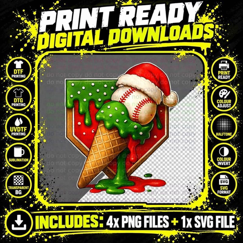 Christmas Baseball Ice Cream Cone Drip Holiday Png SVG Digital Bundle