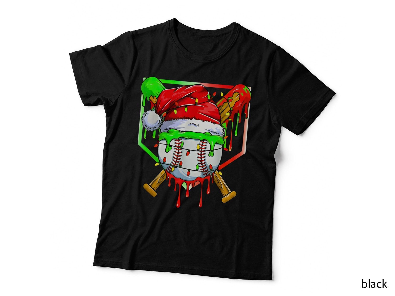 Christmas Baseball Santa Hat Lights Drip Holiday Player Gift T-Shirt
