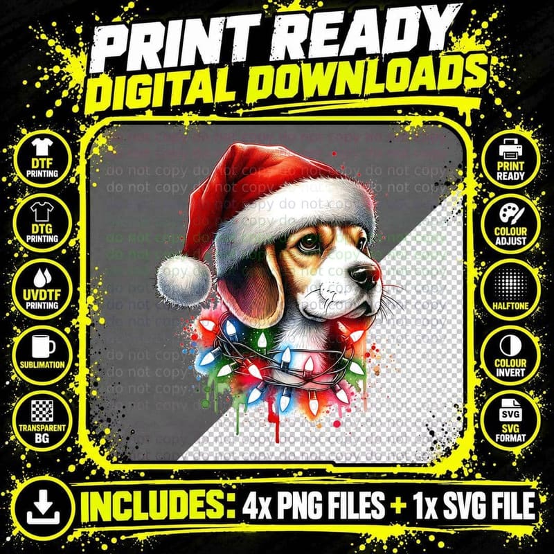 Christmas Beagle Santa Hat, Cute Cozy Winter for Him Png SVG Digital Bundle