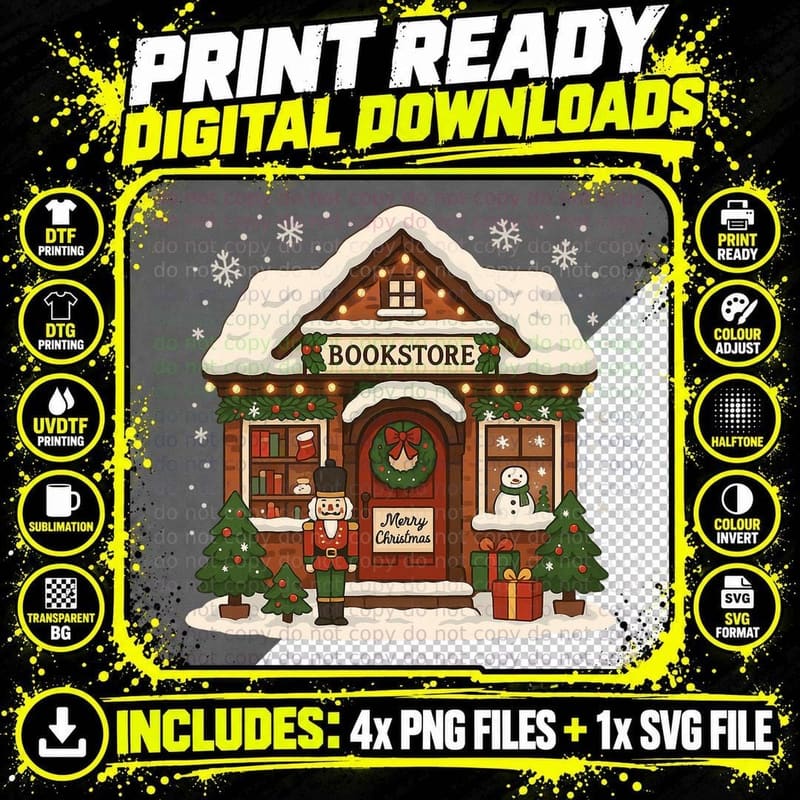 Christmas Bookstore Cozy Winter Reading Holiday Book Png SVG Digital Bundle