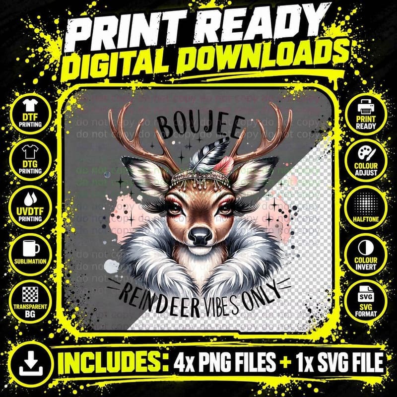 Christmas Boujee Reindeer Vibes, Rustic Lodge Png SVG Digital Bundle