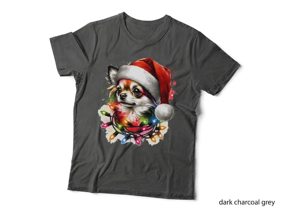 Christmas Chihuahua Santa Hat, Warm Tones, Snowy Night Cozy, Gift T-Shirt