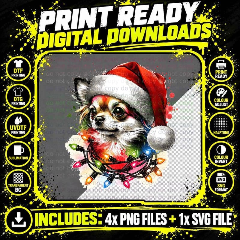 Christmas Chihuahua Santa Hat, Warm Tones Png SVG Digital Bundle