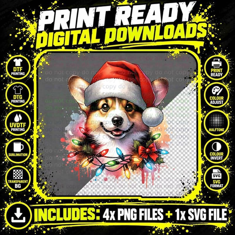 Christmas Corgi Santa Hat, Snowflake Accent, Cozy Cabin Png SVG Digital Bundle