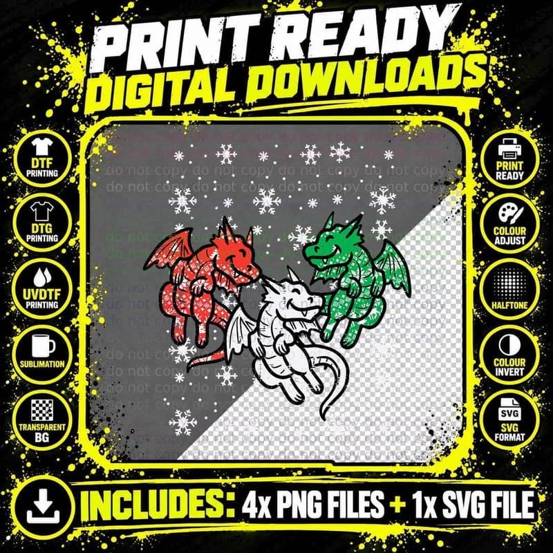 Christmas Dragons Funny Mythical Animal Men Women Kids Png SVG Digital Bundle