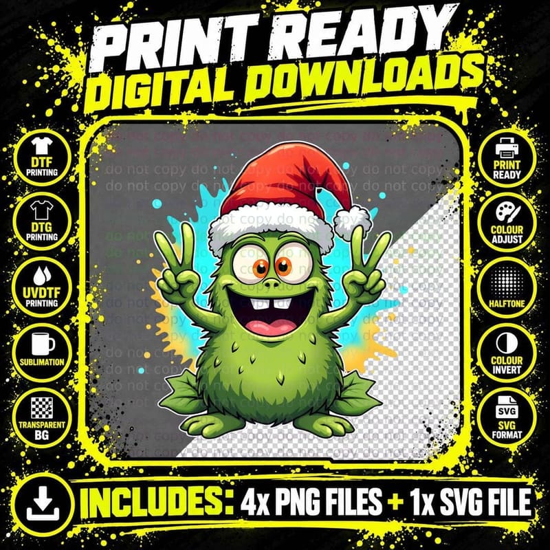Christmas Fuzzy Weed Cannabis Monster Peace Sign T-Shirt Png SVG Digital Bundle