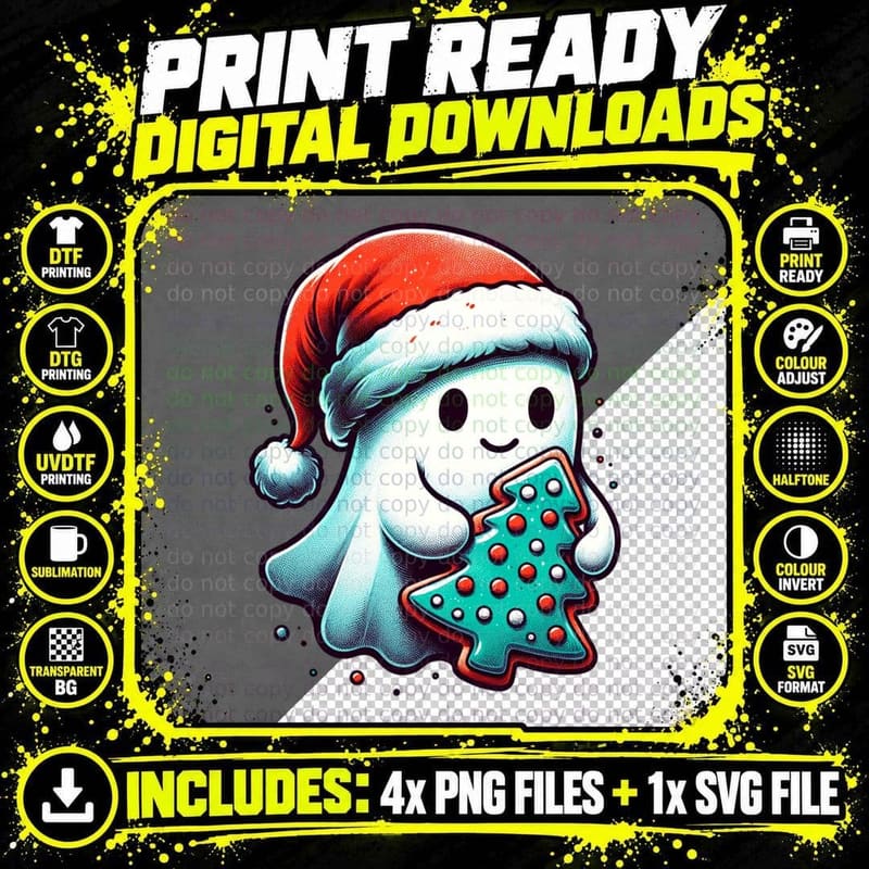 Christmas Ghost Holding Tree, for Her, Snowflake Accent Png SVG Digital Bundle