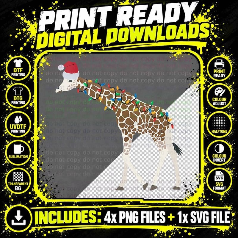 Christmas Giraffe Funny Animal with Santa Hat Png SVG Digital Bundle