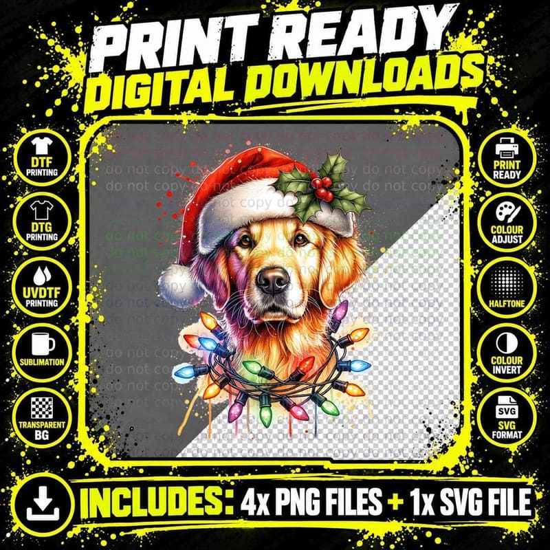 Christmas Golden Retriever Santa, Snowflake Accent Png SVG Digital Bundle